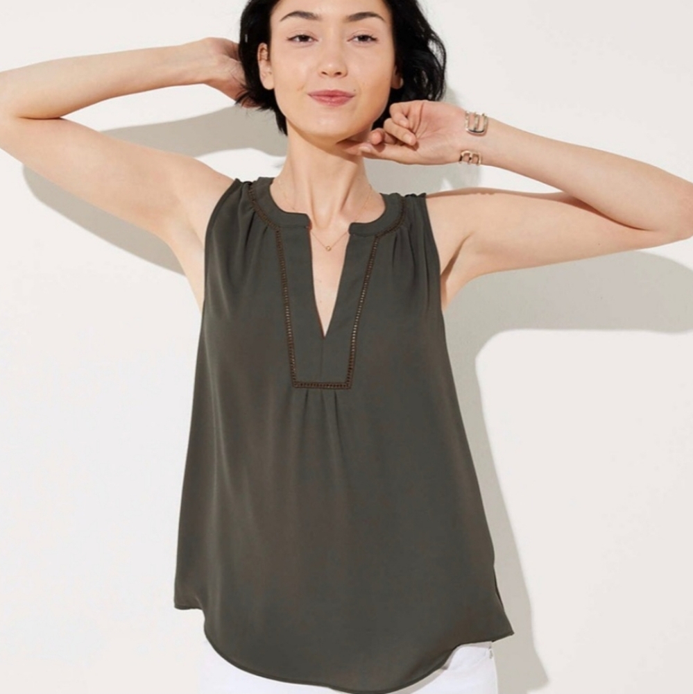 LOFT Olive Cutout Mixed Media Tank - Like New